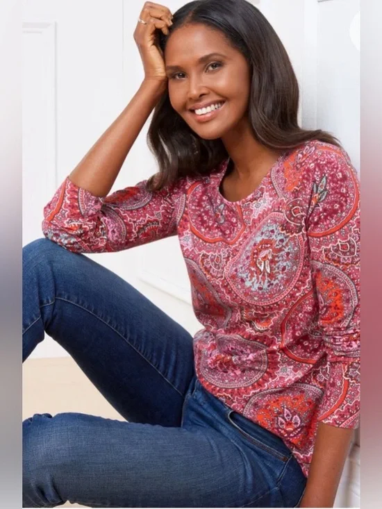 Talbots - PIMA CREWNECK TEE - CIRCLE PAISLEY - Picture 1 of 8